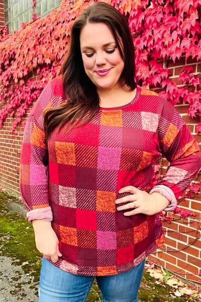 You Got This Burgundy Checker Plaid Print Hacci Knit Top - Online Only!