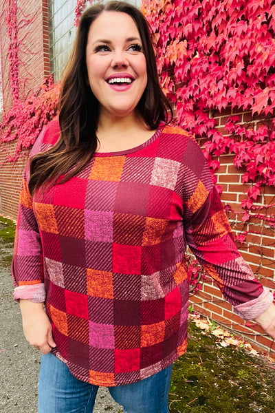 You Got This Burgundy Checker Plaid Print Hacci Knit Top - Online Only!