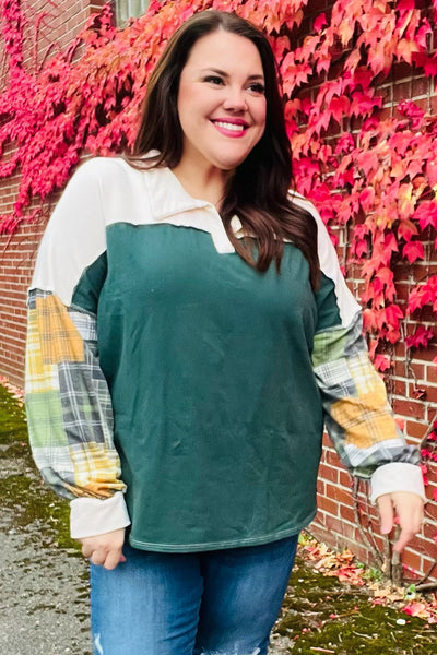 Fall For You Hunter Green Plaid Color Block Collared Terry Top - Online Only!