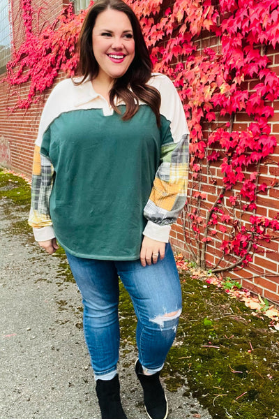Fall For You Hunter Green Plaid Color Block Collared Terry Top - Online Only!