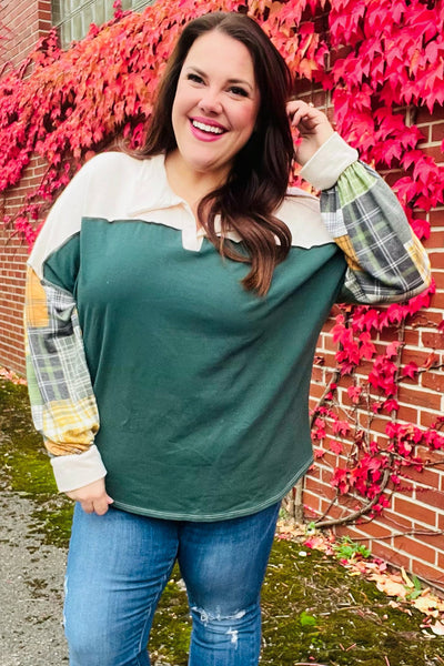 Fall For You Hunter Green Plaid Color Block Collared Terry Top - Online Only!
