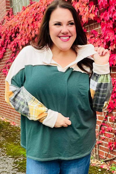 Fall For You Hunter Green Plaid Color Block Collared Terry Top - Online Only!