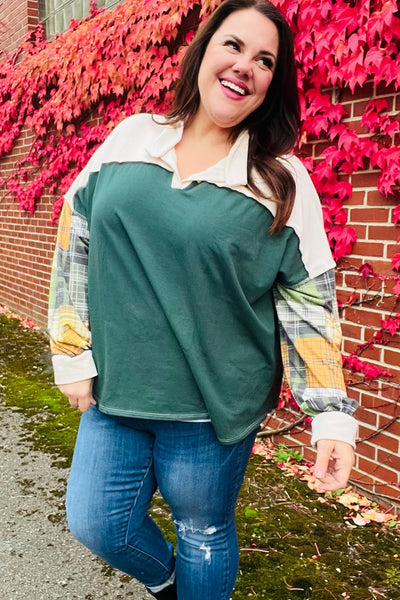 Fall For You Hunter Green Plaid Color Block Collared Terry Top - Online Only!