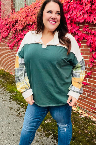 Fall For You Hunter Green Plaid Color Block Collared Terry Top - Online Only!