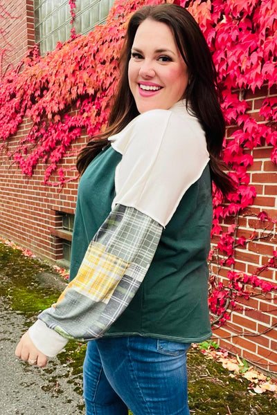 Fall For You Hunter Green Plaid Color Block Collared Terry Top - Online Only!