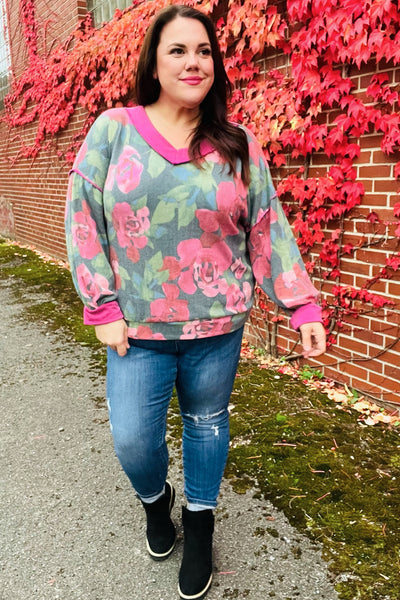 Beautiful You Vintage Teal Floral Print V Neck Hacci Knit Sweater - Online Only!