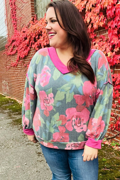 Beautiful You Vintage Teal Floral Print V Neck Hacci Knit Sweater - Online Only!
