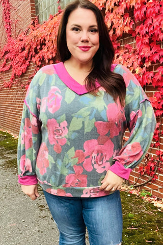 Beautiful You Vintage Teal Floral Print V Neck Hacci Knit Sweater - Online Only!