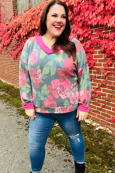 Beautiful You Vintage Teal Floral Print V Neck Hacci Knit Sweater - Online Only!