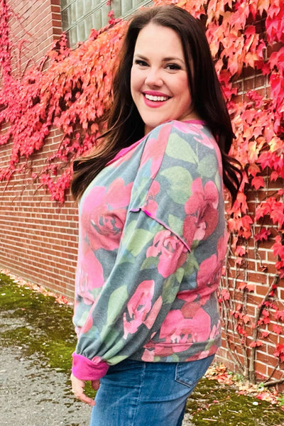 Beautiful You Vintage Teal Floral Print V Neck Hacci Knit Sweater - Online Only!