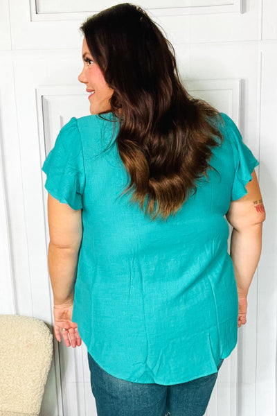 Eyes On You Teal Scalloped V Neck Tulip Sleeve Top - Online Only!
