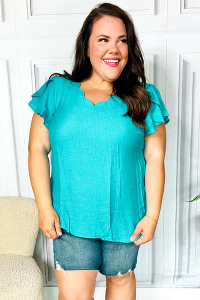Eyes On You Teal Scalloped V Neck Tulip Sleeve Top - Online Only!