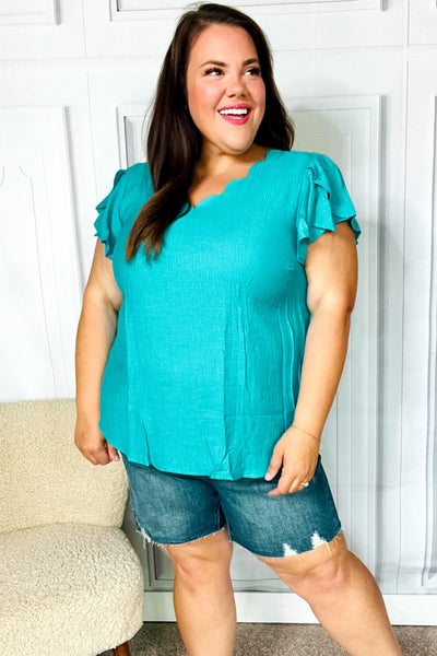 Eyes On You Teal Scalloped V Neck Tulip Sleeve Top - Online Only!