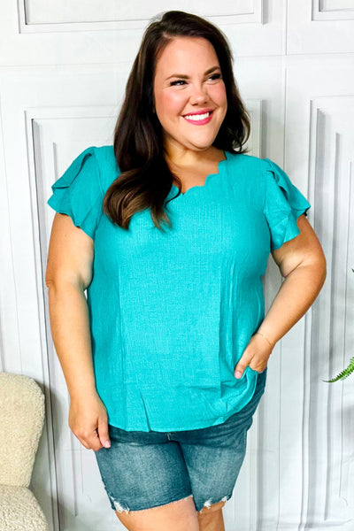 Eyes On You Teal Scalloped V Neck Tulip Sleeve Top - Online Only!