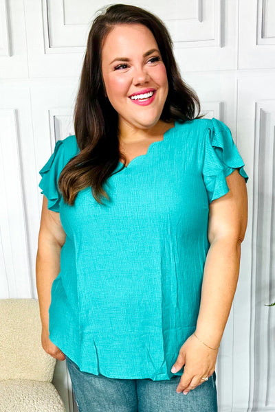 Eyes On You Teal Scalloped V Neck Tulip Sleeve Top - Online Only!