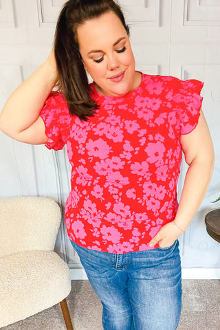 All The Frills Red & Fuchsia Floral Smocked Ruffle Sleeve Top - Online Only!