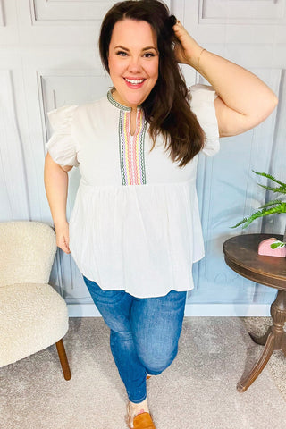 Weekend Ready Taupe Embroidered Notched Neck Babydoll Top - Online Only!