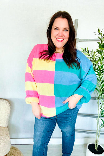 Catch Glances Blush & Blue Stripe Color Block Knit Sweater - Online Only!
