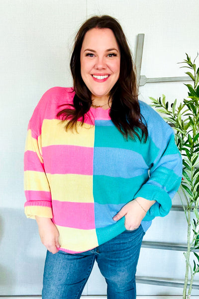 Catch Glances Blush & Blue Stripe Color Block Knit Sweater - Online Only!