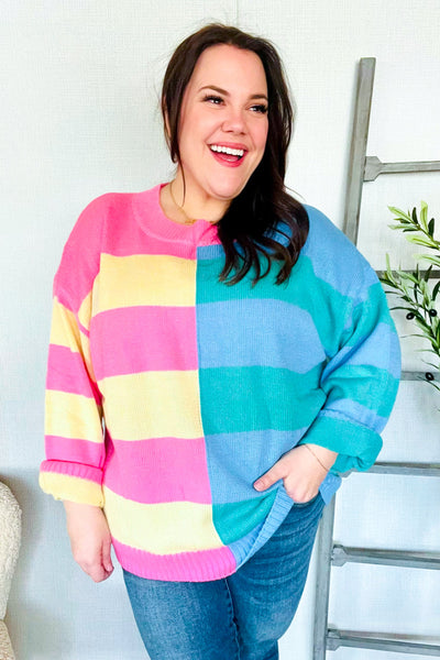 Catch Glances Blush & Blue Stripe Color Block Knit Sweater - Online Only!