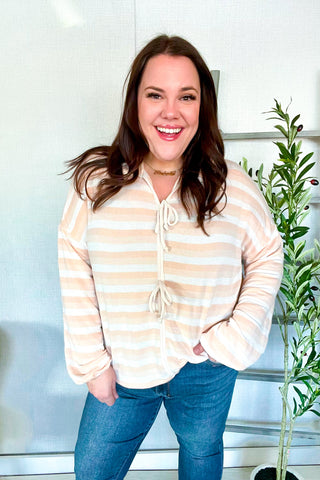 Embrace Joy Beige & Ivory Collar Stripe Bow Tie Terry Top - Online Only!