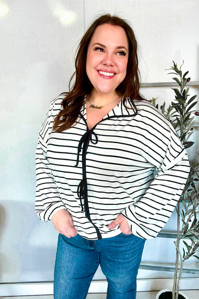 Embrace Joy Black & White Collared Stripe Ribbon Bow Tie Top - Online Only!