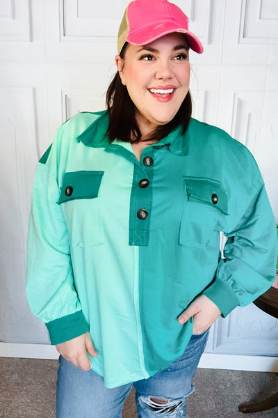 On The Way Up Mint Color Block Button Down Pullover - Online Only!