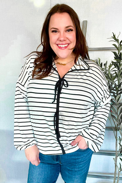 Embrace Joy Black & White Collared Stripe Ribbon Bow Tie Top - Online Only!