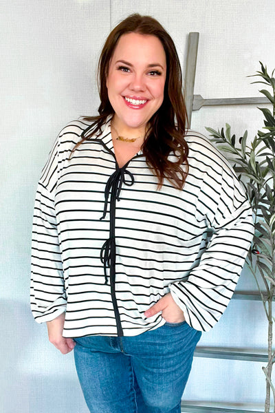 Embrace Joy Black & White Collared Stripe Ribbon Bow Tie Top - Online Only!