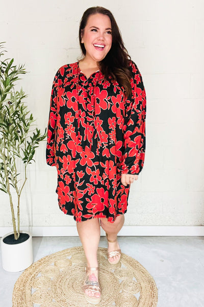 Boldly You Rust & Black Floral Print Front Tie Dress - Online Only!