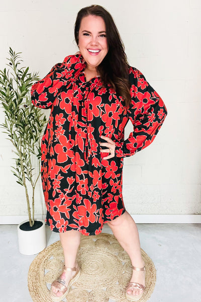 Boldly You Rust & Black Floral Print Front Tie Dress - Online Only!