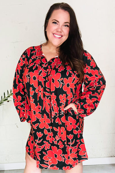 Boldly You Rust & Black Floral Print Front Tie Dress - Online Only!