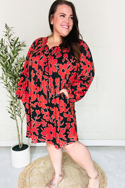 Boldly You Rust & Black Floral Print Front Tie Dress - Online Only!