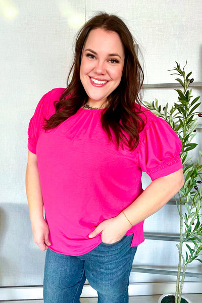 Perfectly You Solid Fuchsia Silk Shirred Cap Short Sleeve Blouse - Online Only!