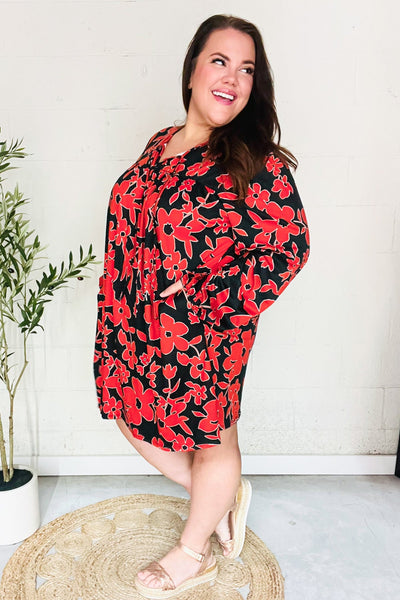 Boldly You Rust & Black Floral Print Front Tie Dress - Online Only!