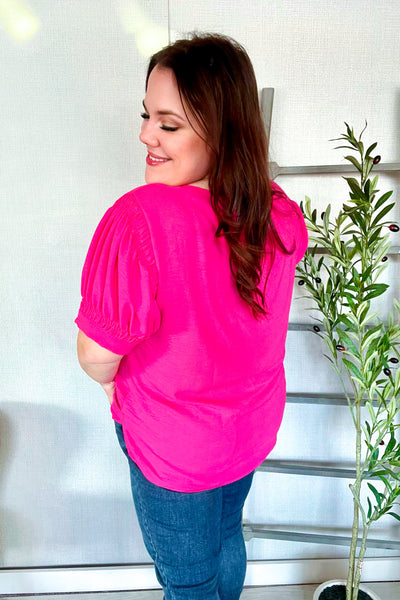 Perfectly You Solid Fuchsia Silk Shirred Cap Short Sleeve Blouse - Online Only!