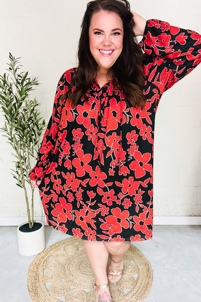 Boldly You Rust & Black Floral Print Front Tie Dress - Online Only!
