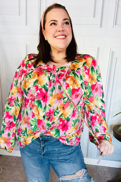 Pretty In Pink Watercolor Floral Yoke Tie Top - Online Only!