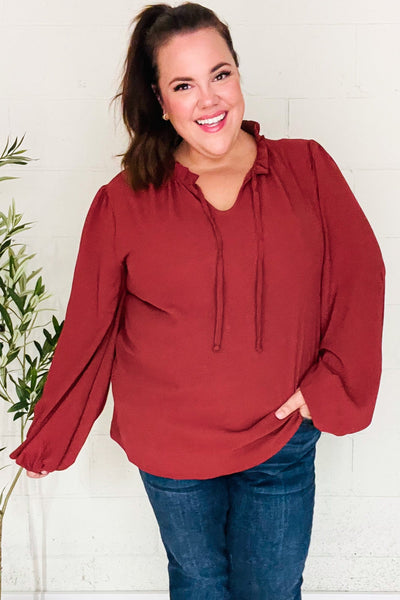 Feeling Femme Burgundy Frilled Edge V Neck Tie Top - Online Only!