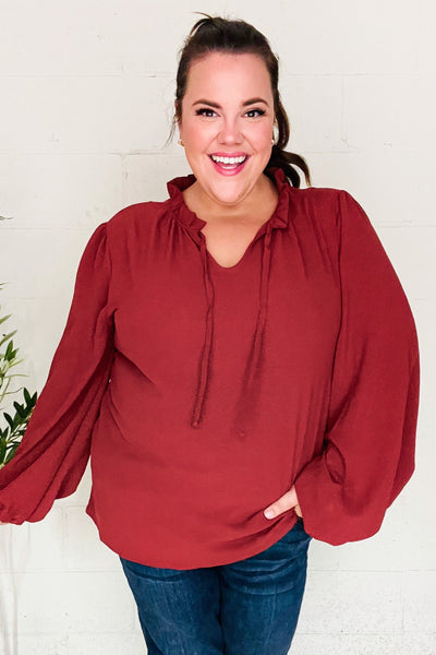 Feeling Femme Burgundy Frilled Edge V Neck Tie Top - Online Only!