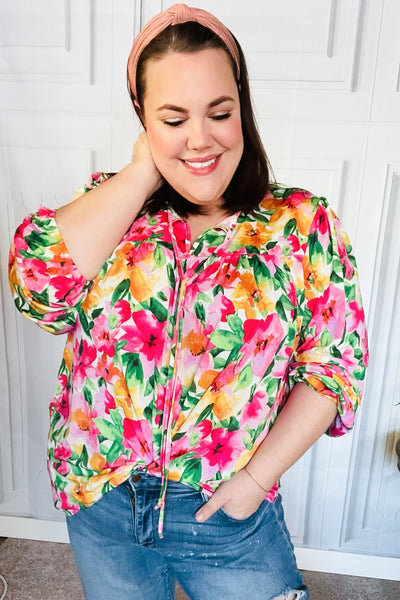 Pretty In Pink Watercolor Floral Yoke Tie Top - Online Only!