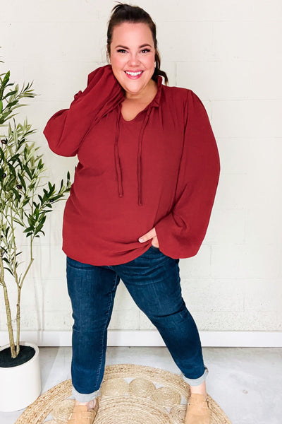 Feeling Femme Burgundy Frilled Edge V Neck Tie Top - Online Only!