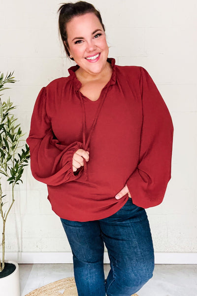 Feeling Femme Burgundy Frilled Edge V Neck Tie Top - Online Only!