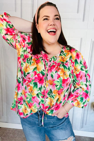 Pretty In Pink Watercolor Floral Yoke Tie Top - Online Only!
