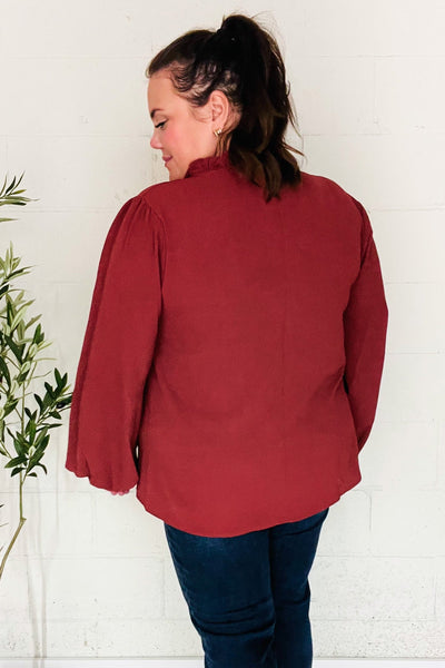 Feeling Femme Burgundy Frilled Edge V Neck Tie Top - Online Only!