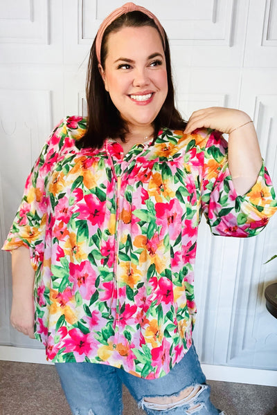 Pretty In Pink Watercolor Floral Yoke Tie Top - Online Only!
