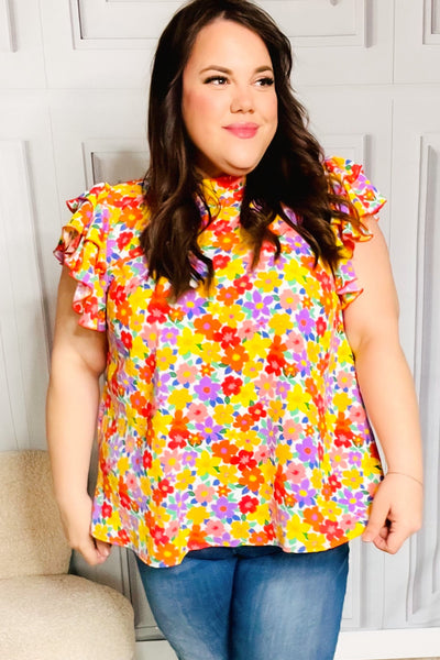 Flower Power Ivory & Red Floral Mock Neck Flutter Sleeve Top - Online Only!