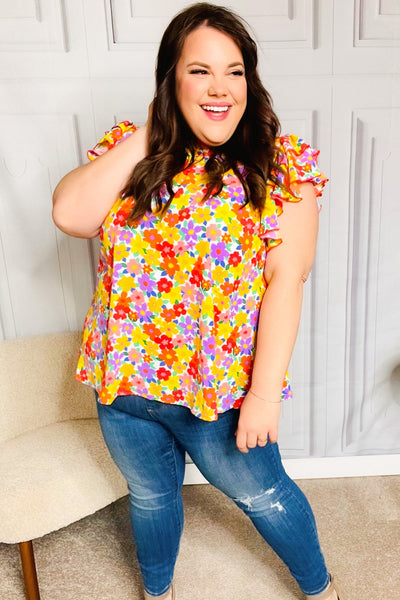 Flower Power Ivory & Red Floral Mock Neck Flutter Sleeve Top - Online Only!