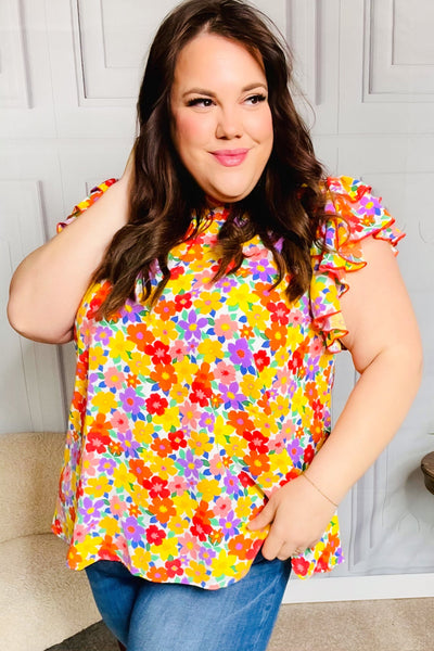 Flower Power Ivory & Red Floral Mock Neck Flutter Sleeve Top - Online Only!