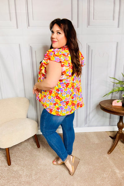 Flower Power Ivory & Red Floral Mock Neck Flutter Sleeve Top - Online Only!